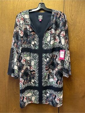 Paisley Navy/ Multicolor, 3-quarter bell sleeve, above knee, faux suede neck-tie